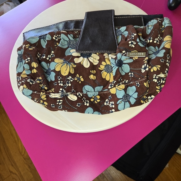 Brown Floral Handbag with Blue and Yellow Accents - Picture 1 of 4